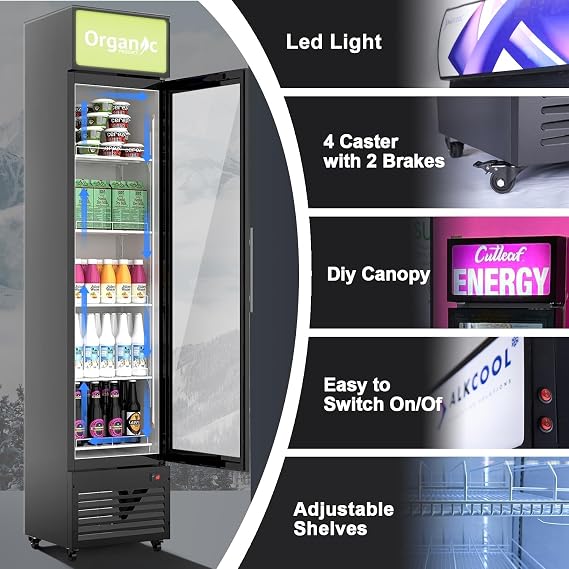 Commercial Beverage Refrigerator Display Fridge,6 Cu Ft Tall Slim Glass Door Merchandiser Skinny Drink Cooler with LED Light Adjustable Shelves,ETL Approval,15.4 Wide