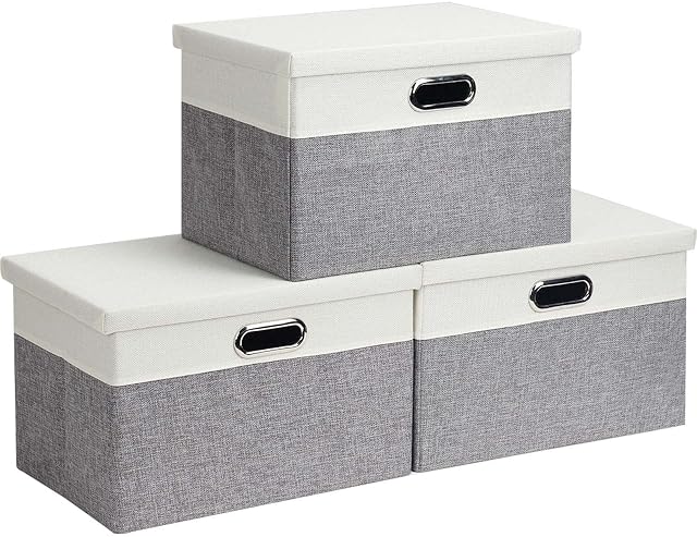 Febzoce Storage Boxes with Lids, Foldable Fabric Storage Baskets for Shelves Stackable Cube Bins Organizer for Closets Home and Office Gray Small 34 x 25 x 18cm 3-Pack