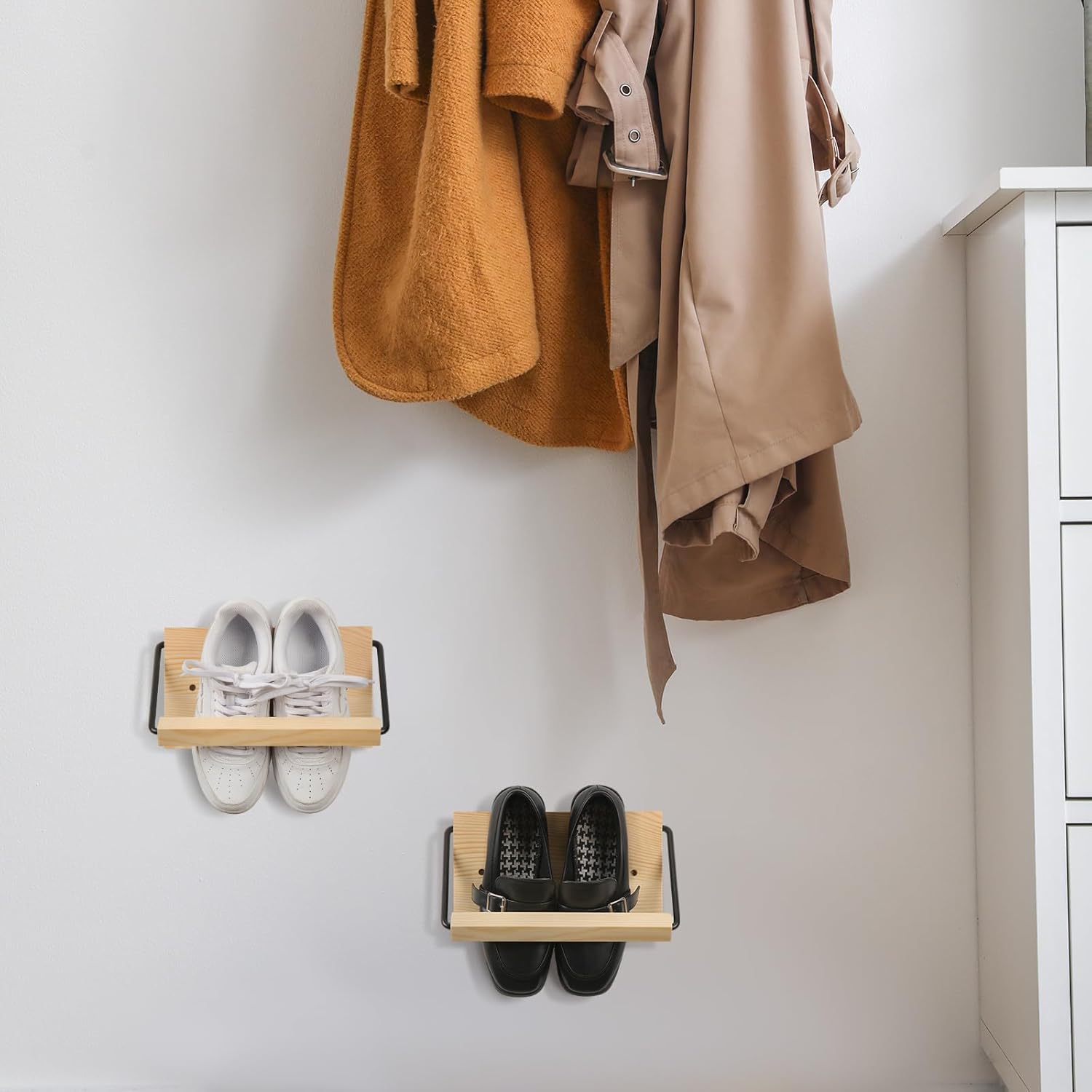 Mifoci 2 Pcs Wall Mounted Shoe Rack Organizer Wooden Modern Compact Wall Space Saving Shoe Holder Storage for Sneaker Footwear Slipper Boots Entryway Narrow Spaces Hallway(9.84'' Long)