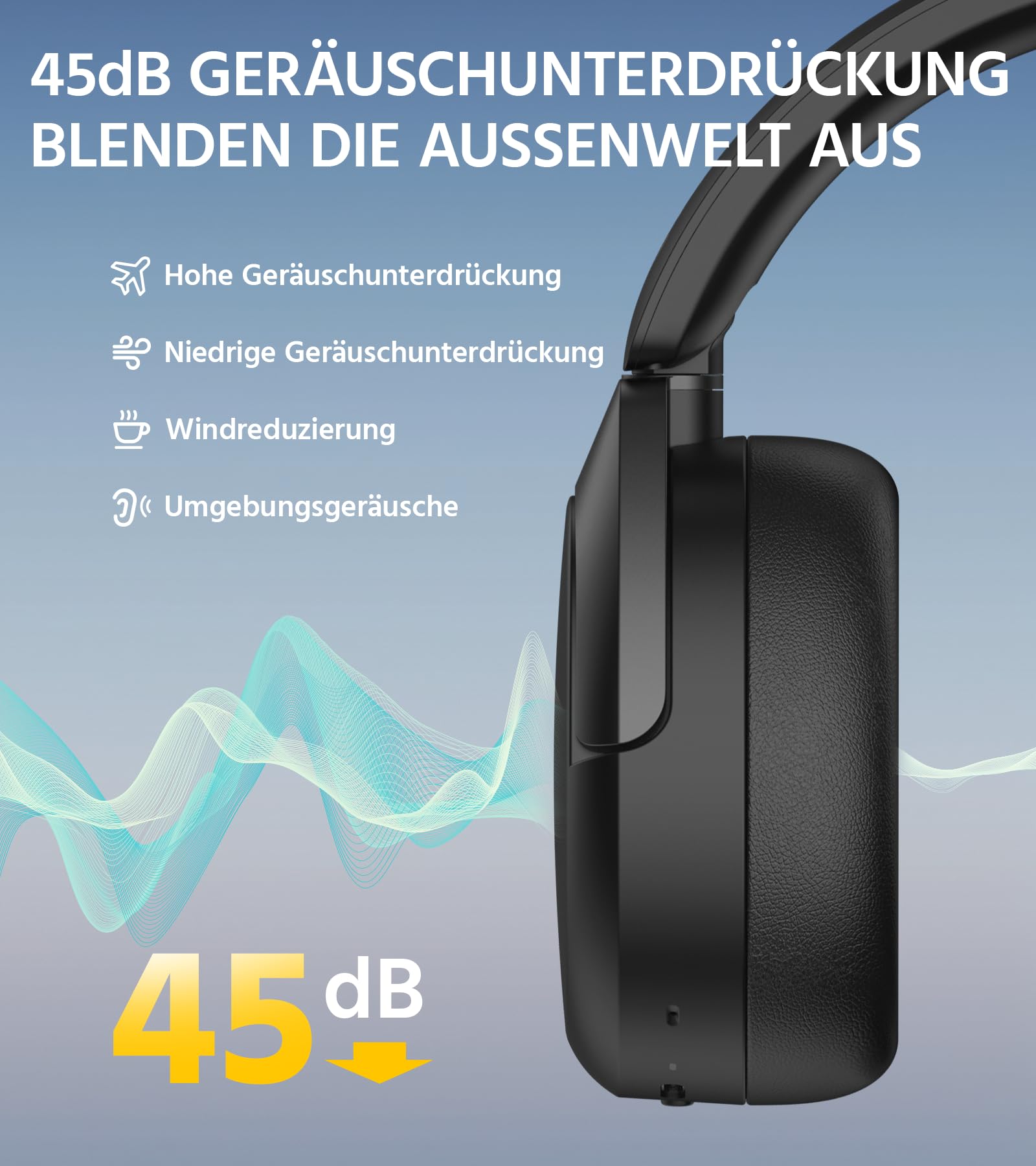 Edifier W830NB Wireless Over Ear Kopfhörer mit -45dB ANC, 94Std. AKKU, LDAC Hi-Res Sound, Spatial Audio, Schnellladung, Bluetooth V5.4 - Schwarz