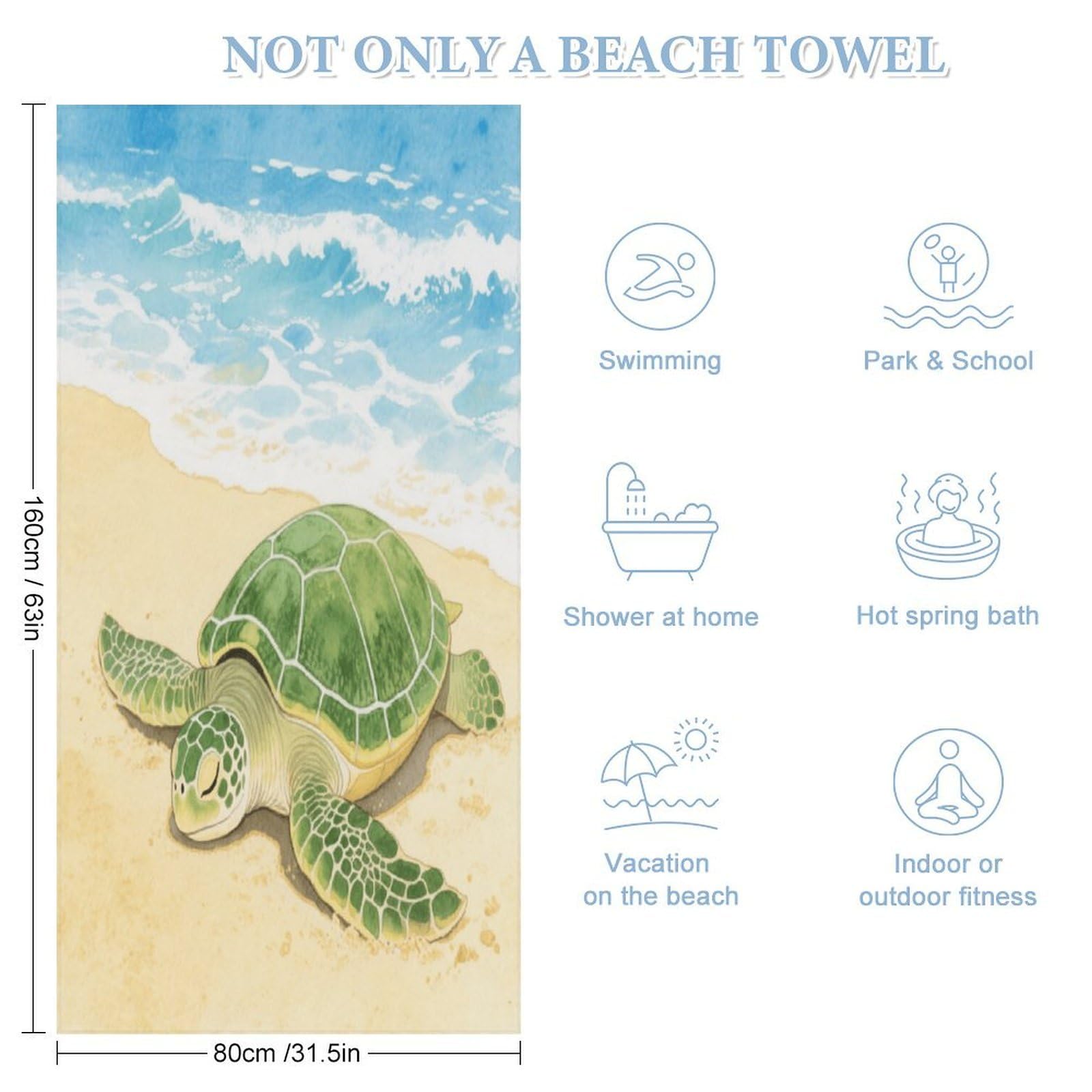 Grande serviette de plage douce et légère, grande serviette de bain tortue, absorbante à séchage rapide, serviette de voyage pour plage, piscine, croisière, camping, voyage, 160 x 80 cm