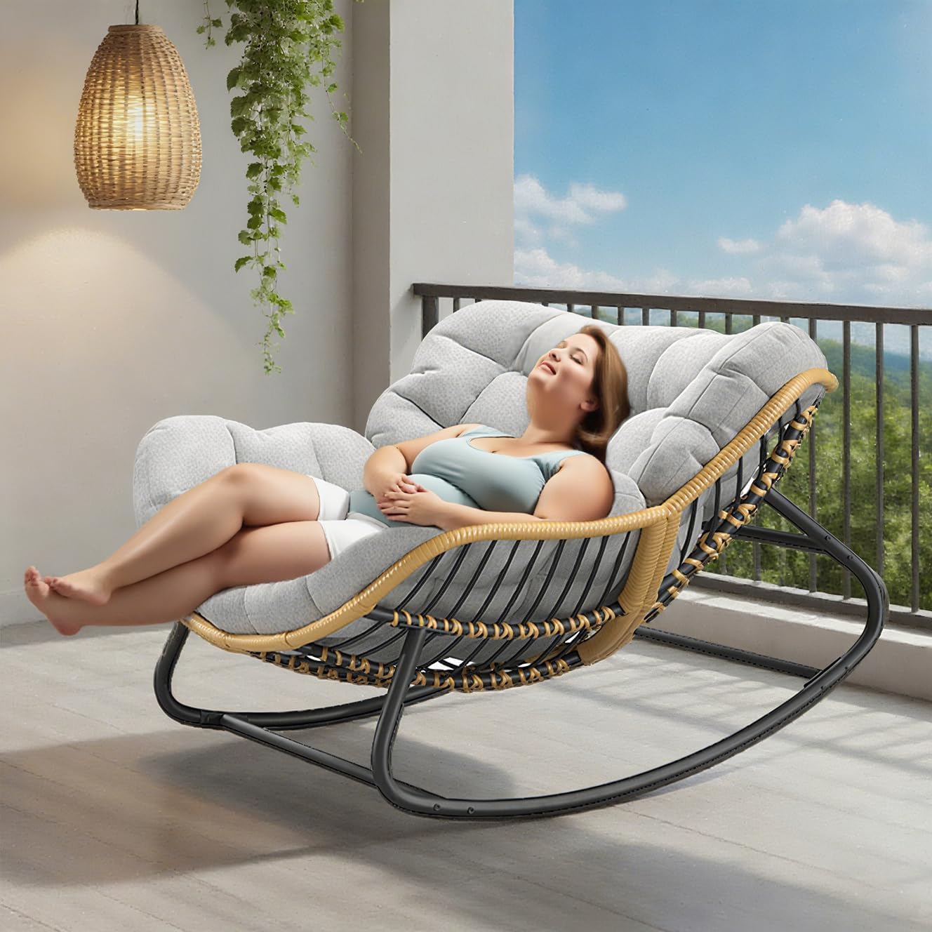 Outdoor/Indoor Rocking Chair,Papasan Chair,Outdoor Patio Porch Furniture,Rattan Wicker Lounge Chair Indoor,Rocker Egg Chair for Bedroom/Living Room/Porch/Garden/Lawn AAA