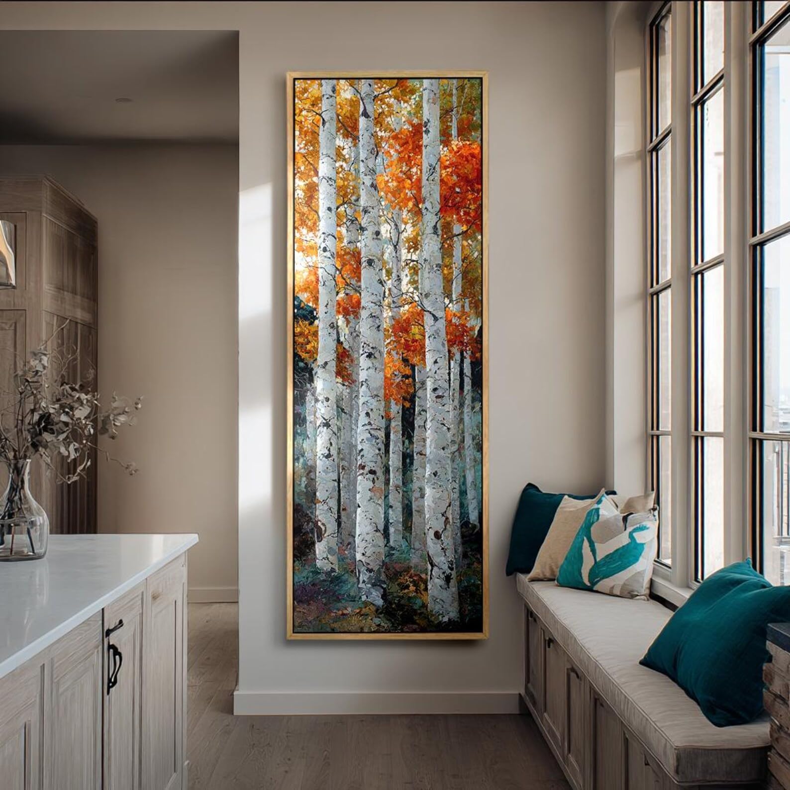 XINBAO Pionowe wydruki oprawionych drzew - Wysokie wąskie obrazy ścienne do przedpokoju - obraz na płótnie brzozowy-las natura dekoracja (60 x 180 cm/wewnętrzna rama)