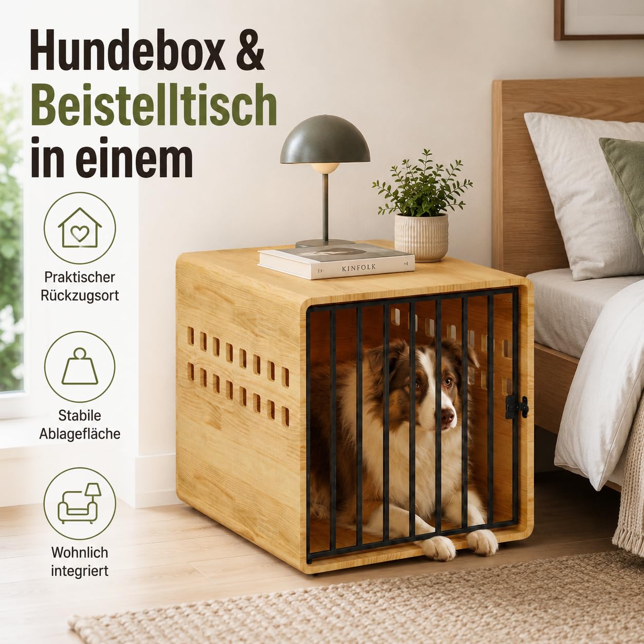 Hundebox Holz mit Metalltür, Indoor Hundehütte, 80 x 60 x 61,5 cm