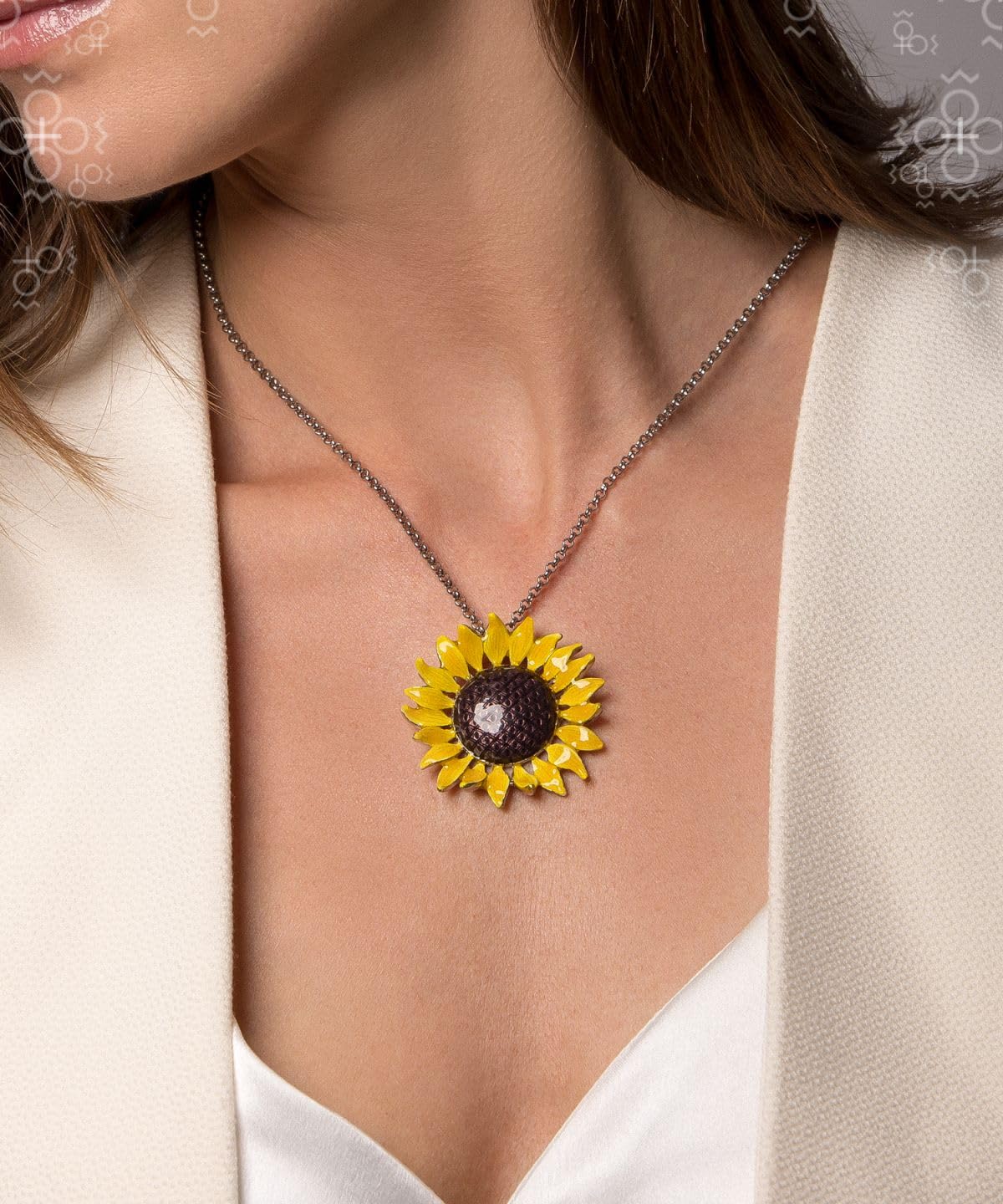 Damen-Brosche Blume Sonnenblume 2in1 Anstecknadel und Halskette Platin-Auflage