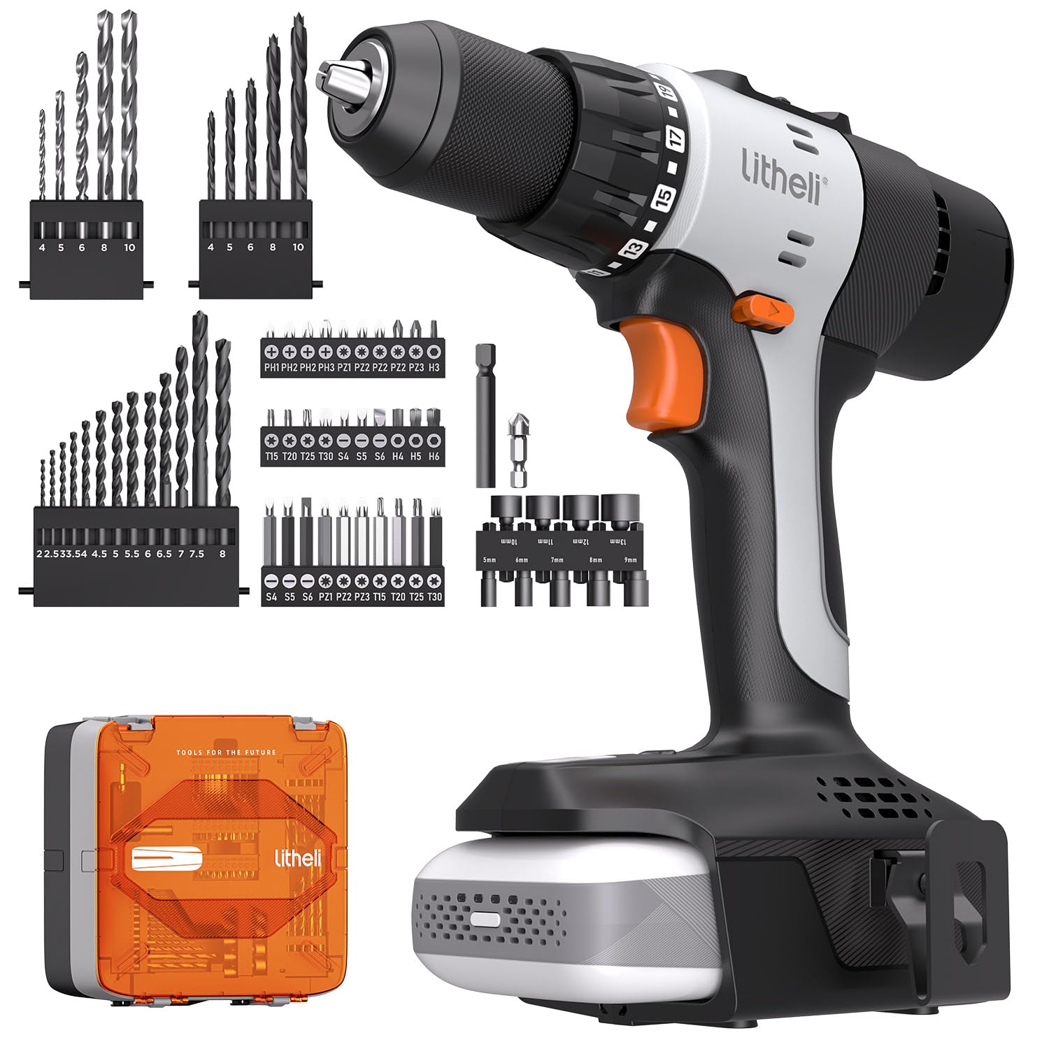 Litheli Cordless Drill Set, Combi Drill in case with 2.0 Ah Lithium-Ion, 50N.m Max, 21+1 Torque Setting, 2 Speed, LED worklight for Home and Garden DIY Project Black