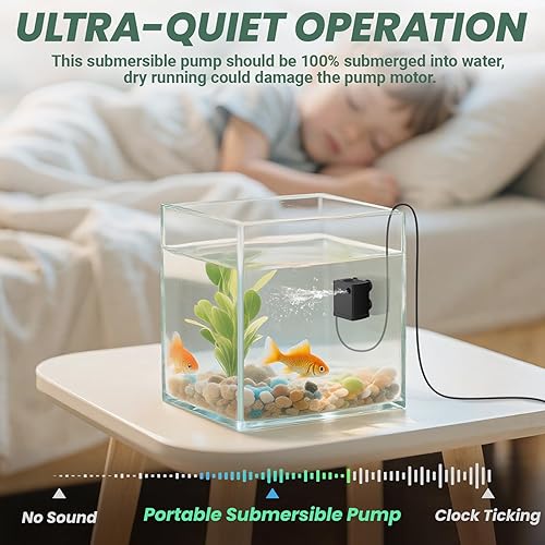 Miniatura 5 de Mini bomba de agua sumergible, bomba de agua ultra silenciosa, 300 lh, para tanque de tortuga, fuentes, acuarios (5 W, 79 GPH)