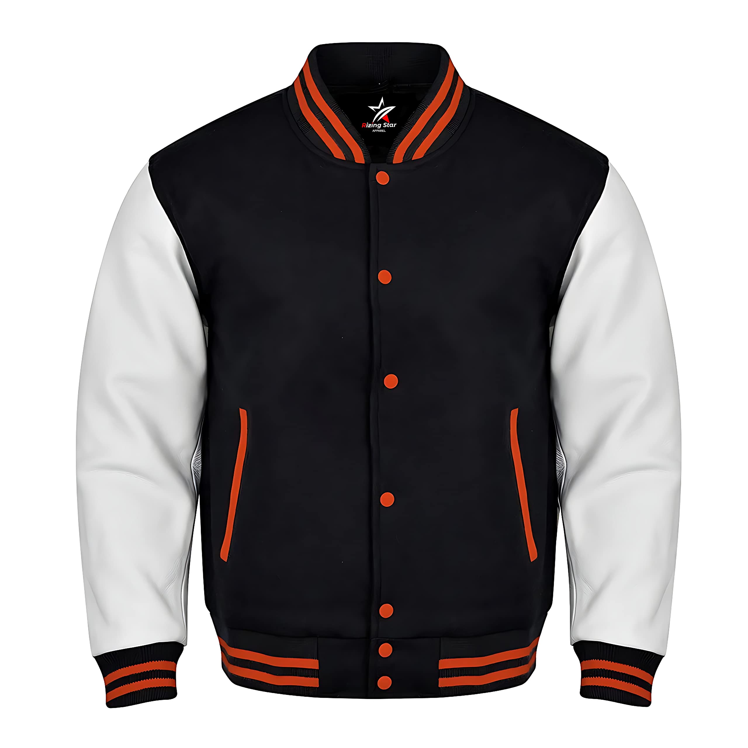 SUPREEM 30 Colors Option Varsity Bomber Baseball Letterman Jackets Genuine Leather Sleeves Wool Body (Medium, Black/White Orange Strip)