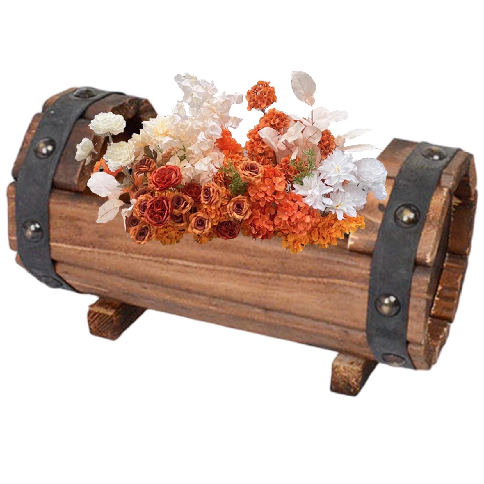 Hintyne Wooden Barrel Planter Half Barrel Planter, Rustic Vintage Wood with Metal Bands, Outdoor Elevated Garden Bed, Decorative Flower Pot for Indoor Plants