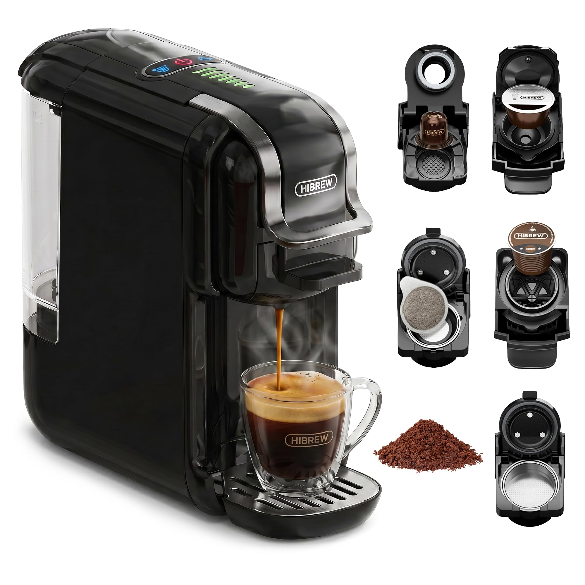 HIBREW 5-in-1 Pods Coffee Maker, 19 Bar Espresso Machine for Pods, for Kcup*/Nes*/DG*/Espresso Powder, Makes iced coffee (Black)