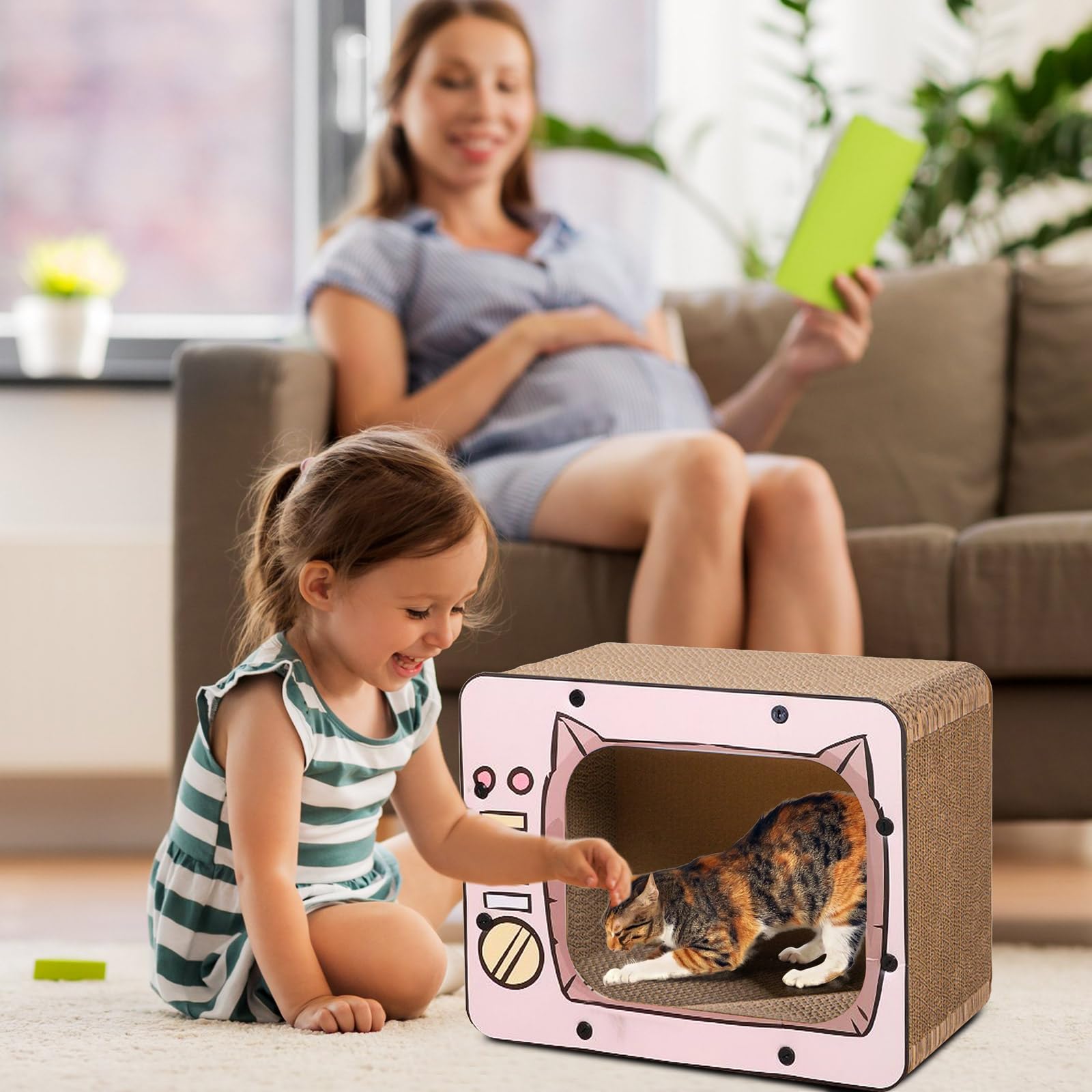 PETCUTE 3 in 1 Tiragraffi per Gatti Cartone,Graffiatoio in Cartone Ondulato Vintage,TV Radio a Forma di Graffiatoio per Gatti Cartone con Fondo Antiscivolo,per Proteggere Mobili,Rosa