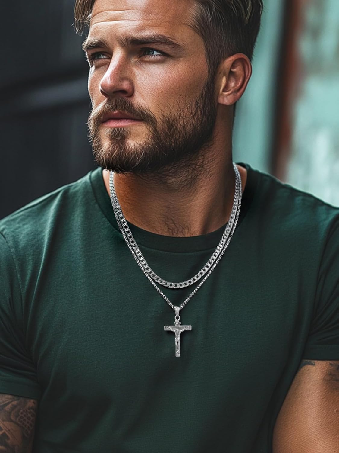 FaithHeart Cross Necklace for Men, Silver/Black/Gold Crucifix Necklace Stainless Steel Pendant with Cuban Chain Jesus Cross Necklaces Religious Gifts for Men - Image 3