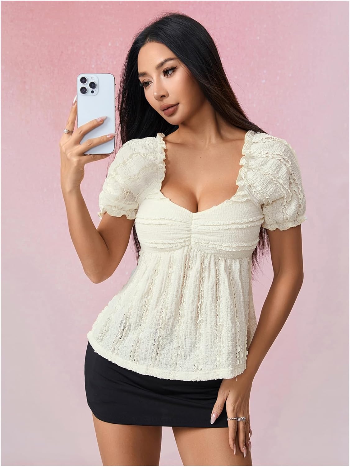 Floerns Women's Puff Sleeve Textured Peplum Top Sweetheart Neck Babydoll Frilly Blouses - Image 5