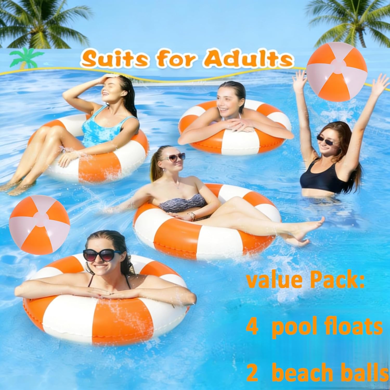 4 PCS Striped Inflatable Pool Floats for Swimming Pool Party Lake Beach Adults - Floaties Pool Tubes Swim Rings Tubes Floaties for Beach Pool Party Decorations
