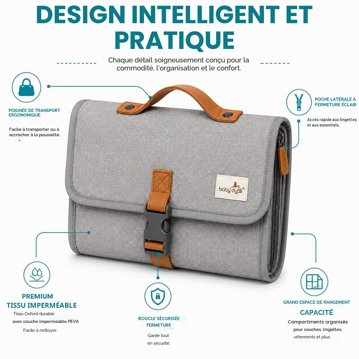 Sac à langer Baby Doyli Voyage XL | Matelas à langer pliable | Gris | 6 pockets for diapers, wipes, and keys with a harness to hang anywhere easily