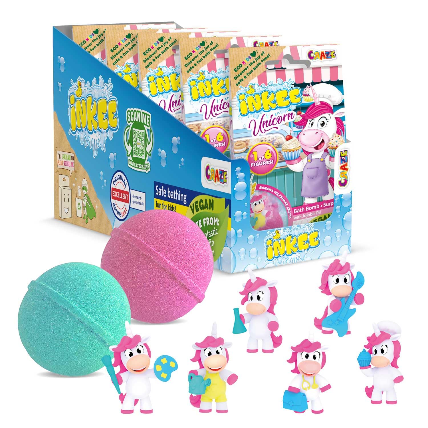 INKEE Unicorn Bath Bombs for Kids – Set of 5 Fizzy Bath Bombs with Hidden Collectable Toys – Banana Milkshake Scent with Jojoba Oil – Fun Bath Time for Children Ages 3+