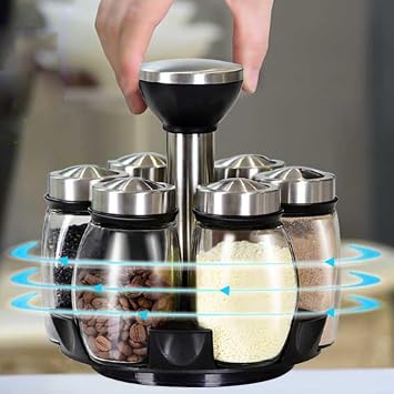 Spice Jars with Rack, Revolving Spice Rack Organizer Countertop Stainless Steel Seasoning Rack Set with 6 Glass Jar Bottles Set for Home Kitchen Single layer