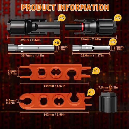 Miniatura 4 de PEBA Kit de herramientas de prensado, crimpadora solar para cable de panel solar AWG 16-10, con 6 pares de conectores solares, pelacables solares y