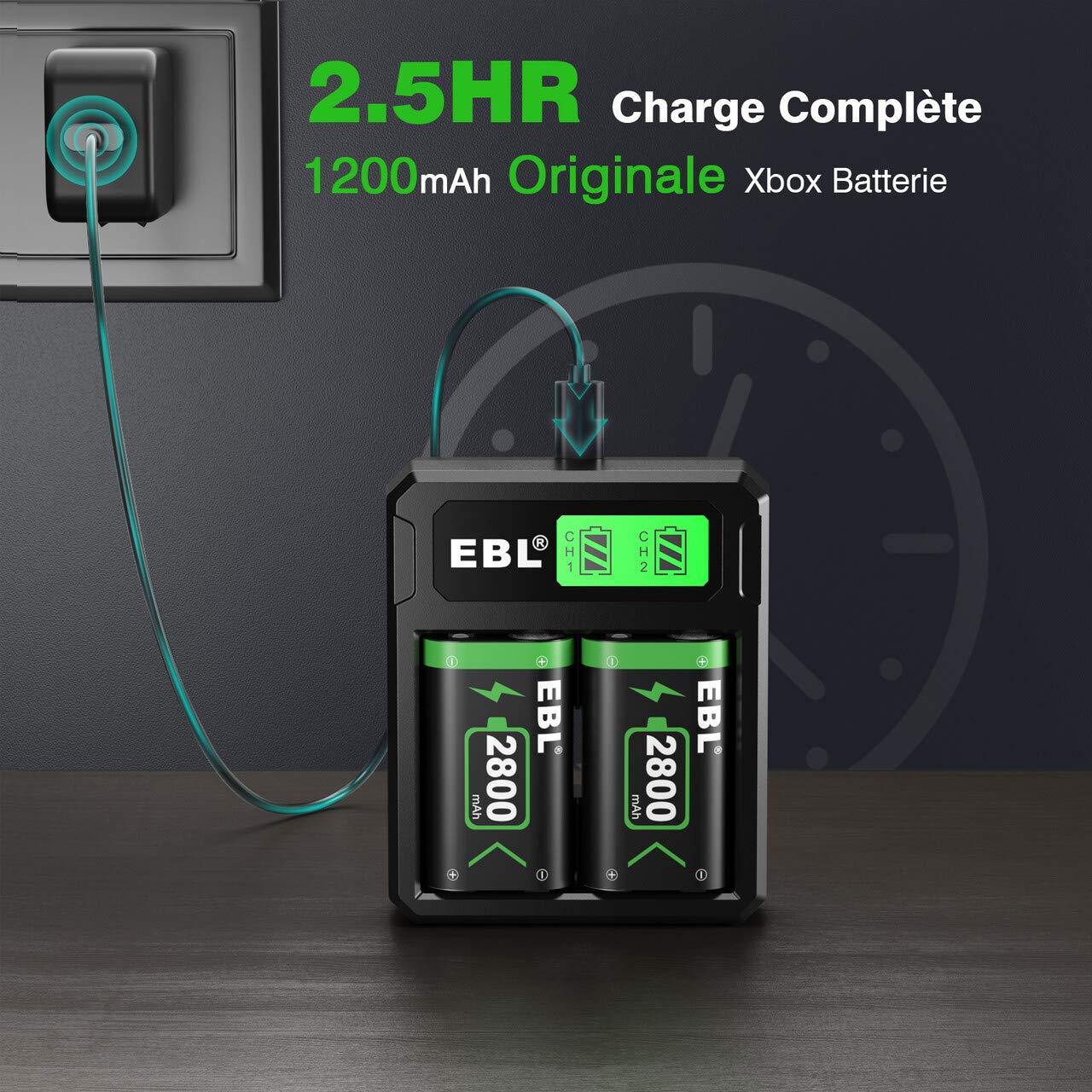 EBL LCD Chargeur de Batterie Xbox One- avec 2PCS Batteries Manette Xbox One 2800mAh, Charge Rapide pour Xbox Series X/Xbox Series S/Xbox One/Xbox One S/Xbox One X