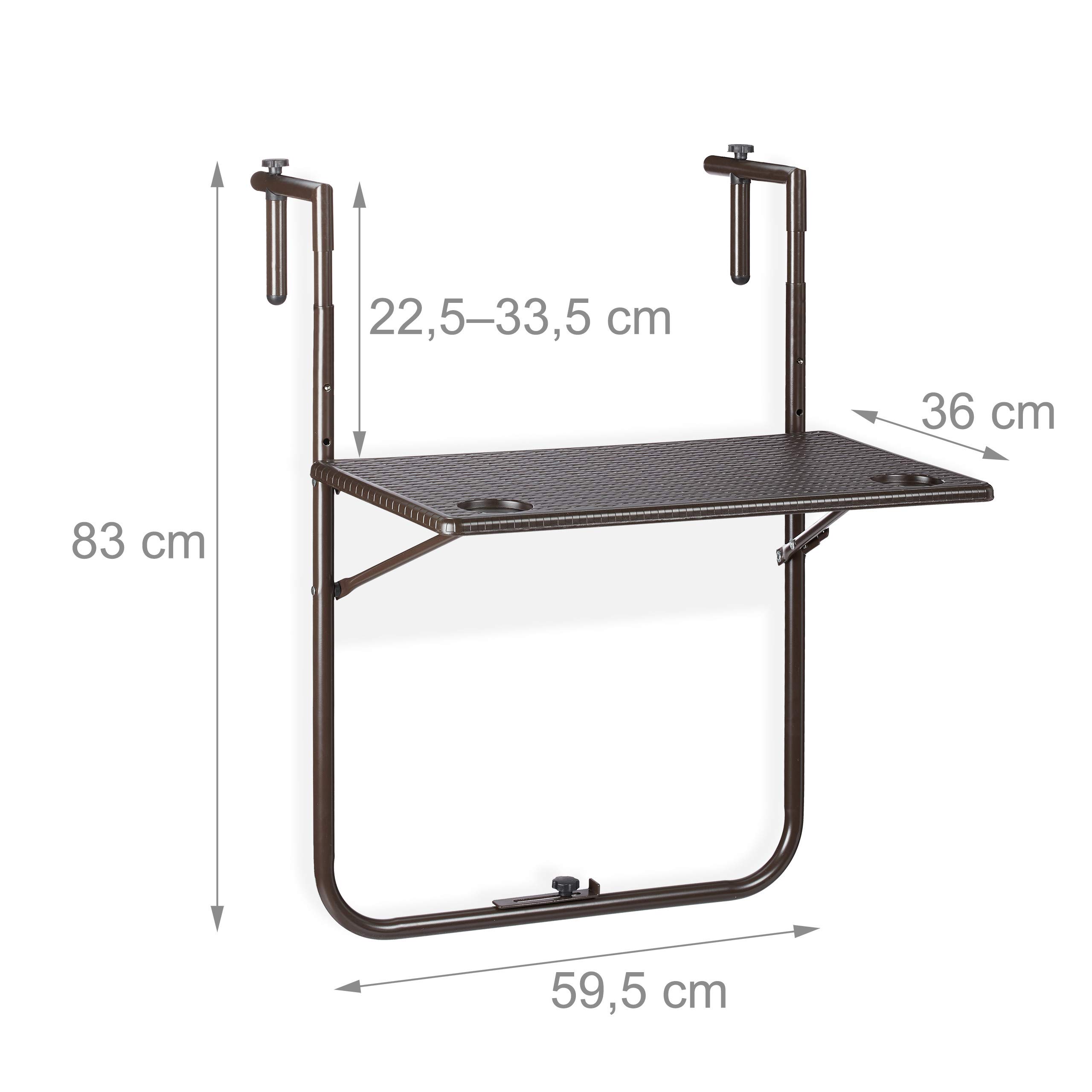 Relaxdays Tavolino Pieghevole da Balcone, Altezza Regolabile 59,5 x 36 cm, Marrone