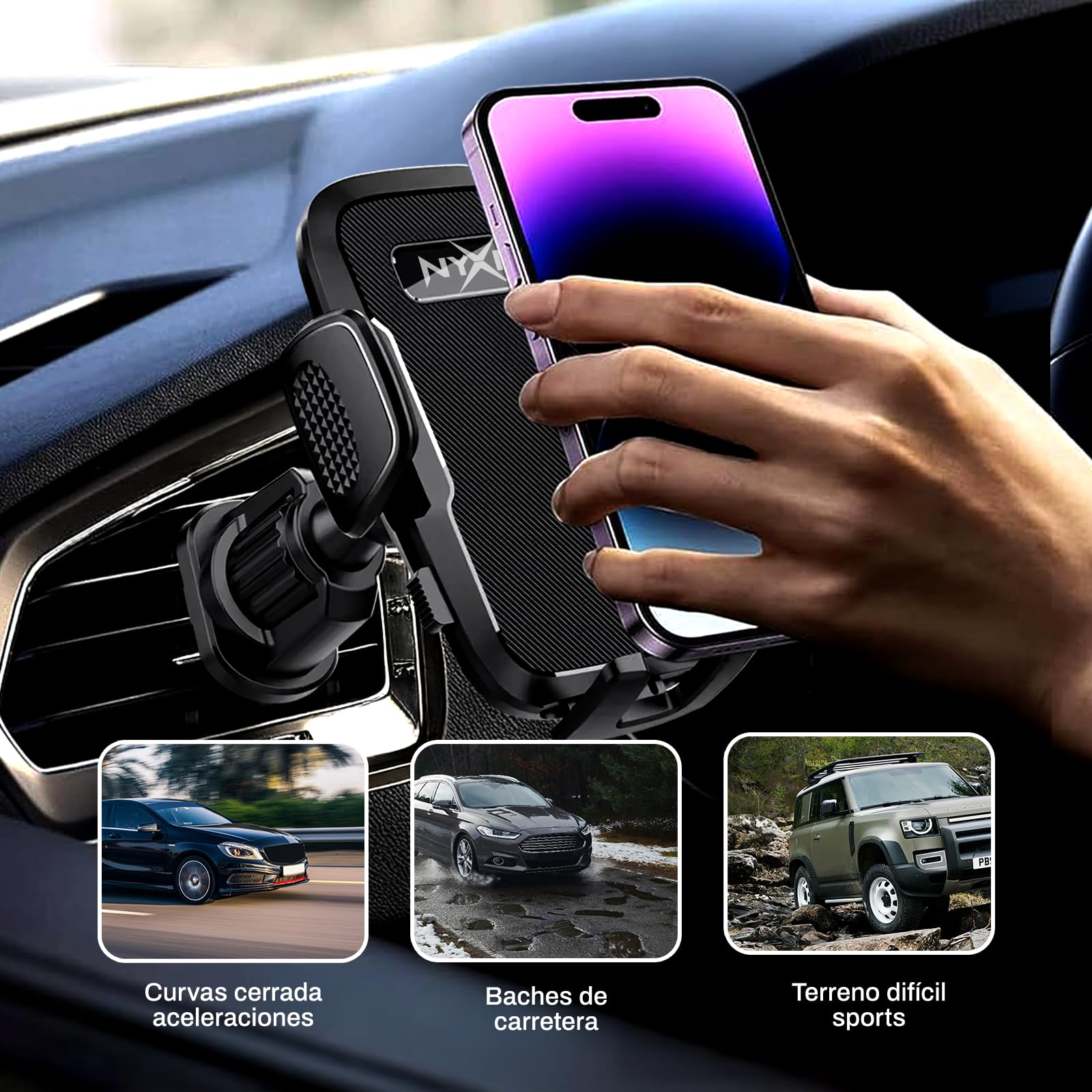 Nyxia Nyxia Car Mobile Holder | Metal Hook | Universal Car Phone Holder for Super Stable Ventilation Grille | 360º Rotation | Use with One Hand | Compatible with Mobile Phone from 4 Inches to 7 Inches in use