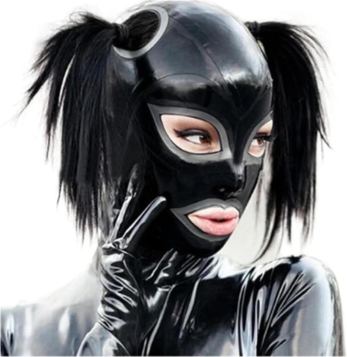 Latex Hood Rubber Head Mask Ponytail Head Cover Mask BDSM Fetish Full Face Breathing Zipped Latex Mask Club