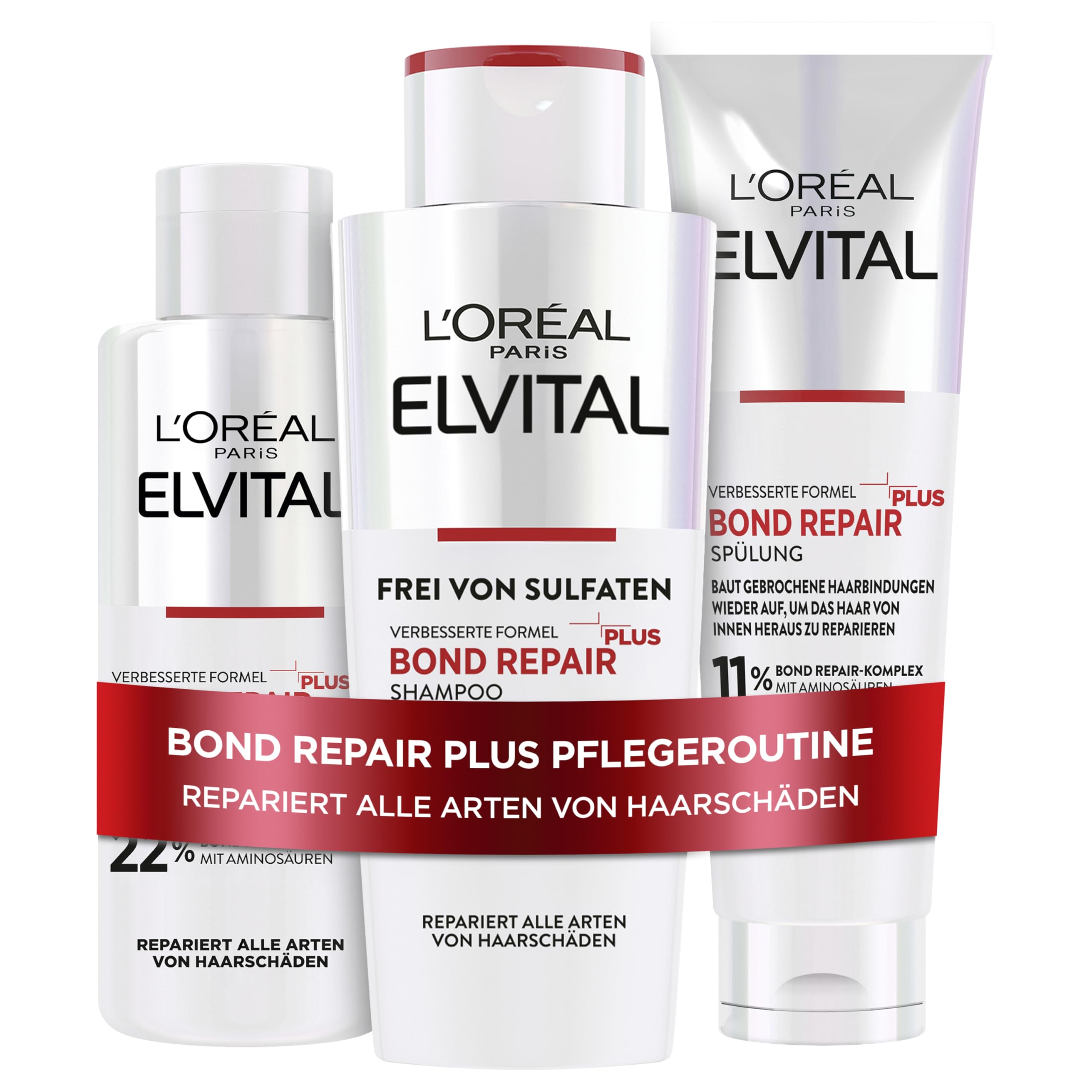 L'Oréal Paris Elvital Bond Repair Plus Routine zur Haarreparatur mit Pre-Shampoo, Shampoo & Spülung, Bundle, Schutz für weniger Haarbruch & mehr Glanz, mit Bond-Repair-Komplex & Aminosäuren, 3-teilig