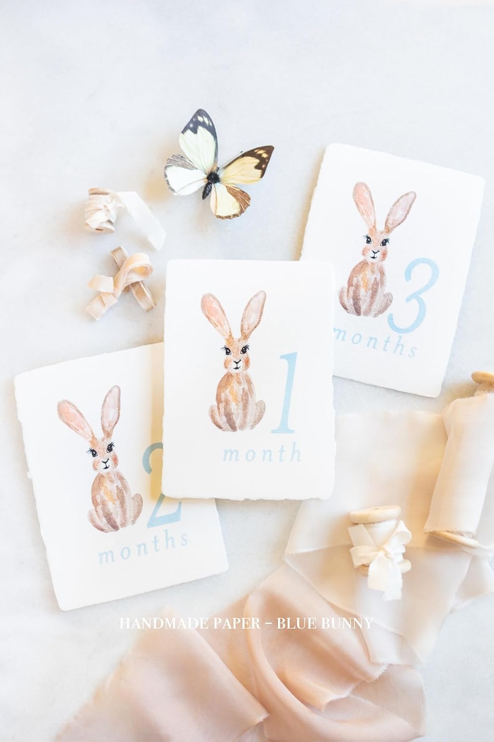 Baby Monthly Milestone Cards, Watercolor Pink Bow, Bunny and Stork Designs, Handmade Paper, 5x7 Inches, Set of 12 (Green Stork)
