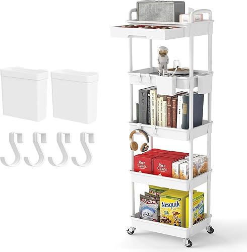 Miniatura 24 de REBECAT - Carrito utilitario de 3 niveles con cajón, hecho de organizador de almacenamiento multifuncional para cocina, baño, sala de estar, oficina