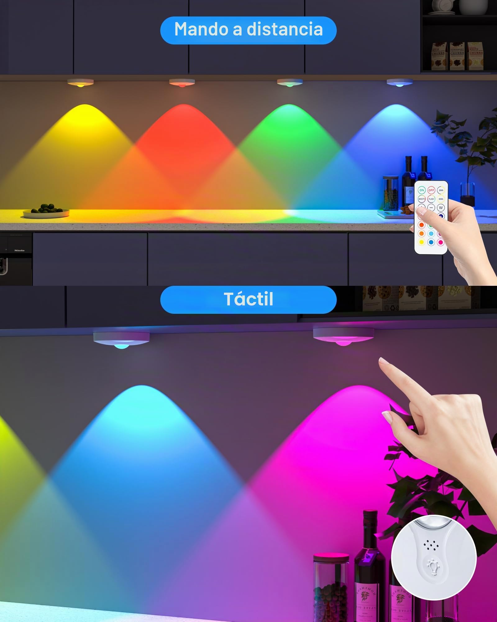 Luces LED Vitrina Recargables con Control Remoto,Luz LED Armario Recargable,Foco led Inalámbricas, Respetuoso con el Medio Ambiente, Luz Nocturna con Función de Temporización Aufladbar USB