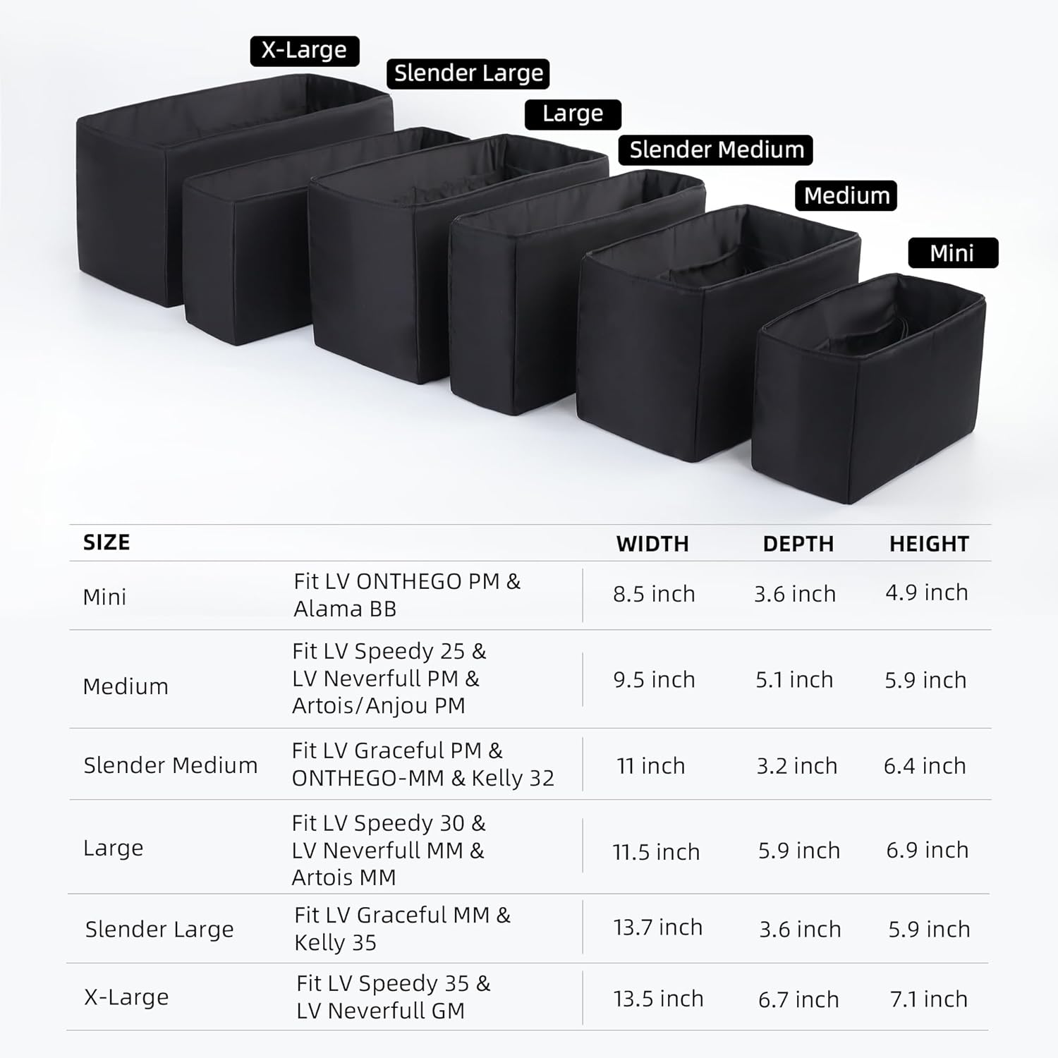 Purse Organizer Insert,Silk Bag Organizer with 6 Sizes,Silky Smooth,Handbag Shaper For Longchamp,Birkin 20/25,Speedy 30/38,Neverfull and More(Slender Medium,Black)