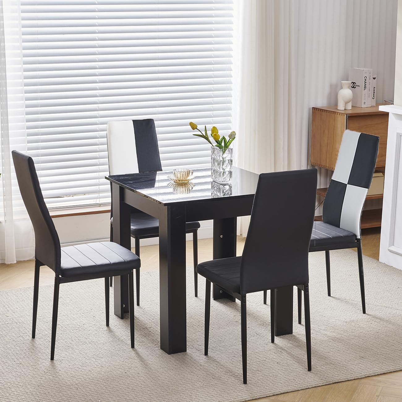 75x75 cm Small Dining Table and 4 Chairs, 4 Seater Table and Chairs Set Kitchen Dining Room Set for 4, Compact, Space Saving, Wooden, Glossing Tabletop Black (4 Seats, Faux Leather Checkered)