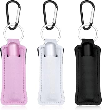 Nogeqi 3 Pcs Lipstick Holder Keychain for Lipstick Lip Balm Keychain Holder with Clip Clip-on Sleeve Pouch Lip Stick Balm Safeguard Pink White Black