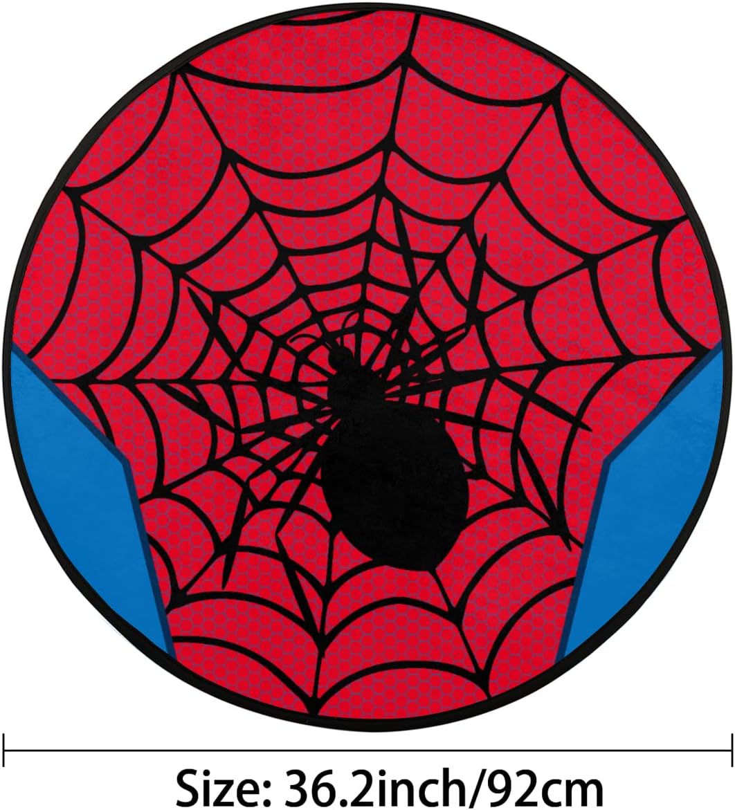 Red Spider Web Round Area Rug 3Ft - Circle Entryway Rugs Washable Door Mat for Boys Room Sofa Nursery Decorations, Non-Slip Floor Carpet Aesthetic Comic Decor