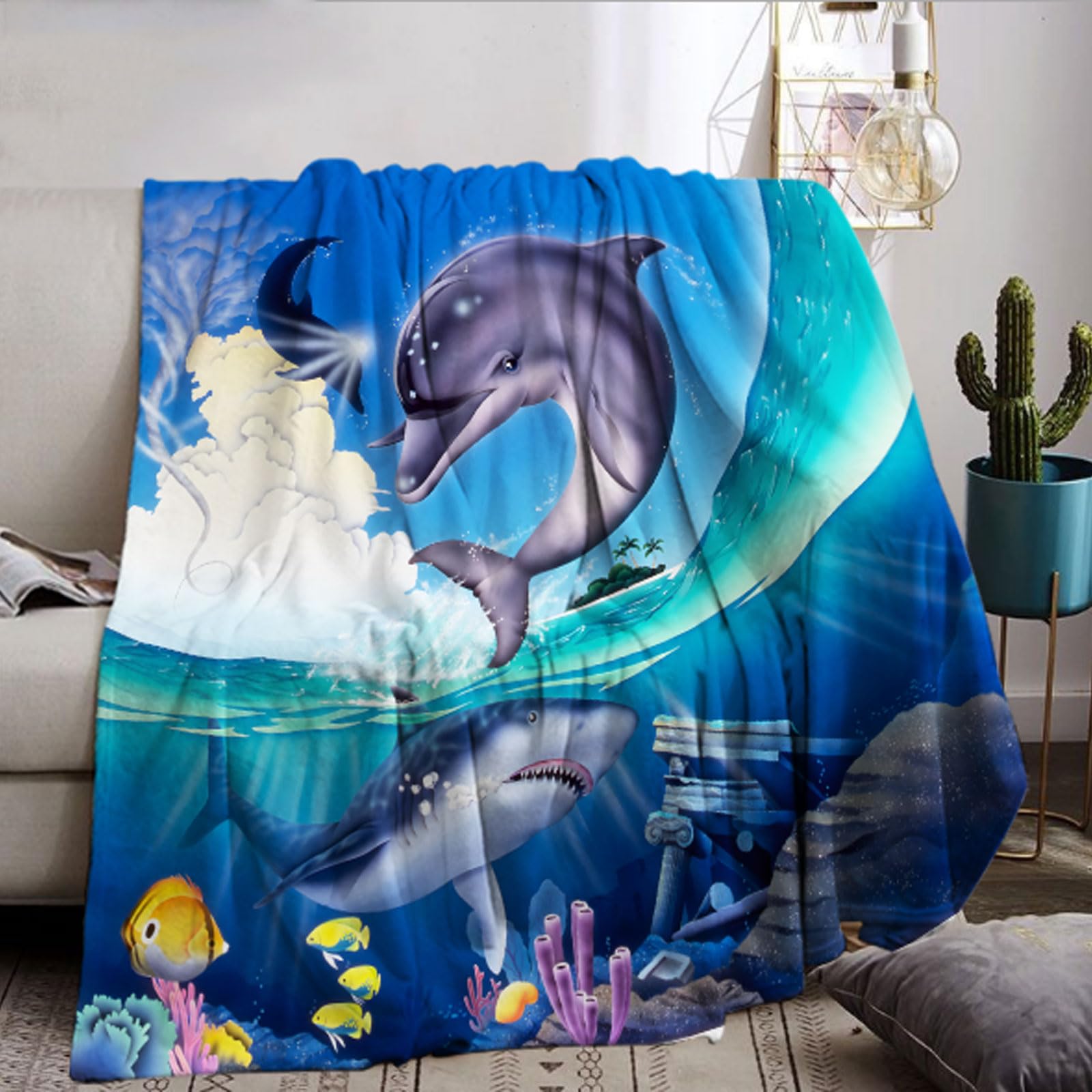 Couverture Dauphin 150x200 cm, Couverture en Flanelle avec Animaux Marins pour Enfants Garçon Fille, Couverture en Polaire d'Animaux Marins de l'Océan, Couverture Douillette, Couvre-canapé