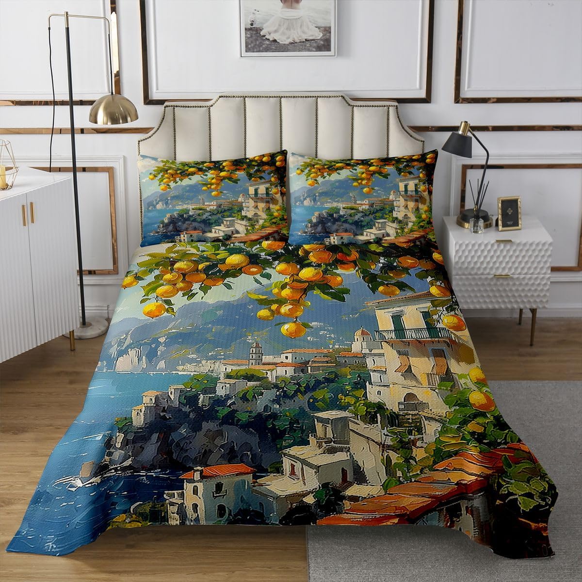 Castle Fairy Coastal Ocean Quilt Sets King Size,Yellow Lemon Bedspread Coverlet 3Pcs for Woman Men Adults Room Decor,Modern Town Bedding QuiltsIsland Countryside Comforter Set,2 Pillowcases