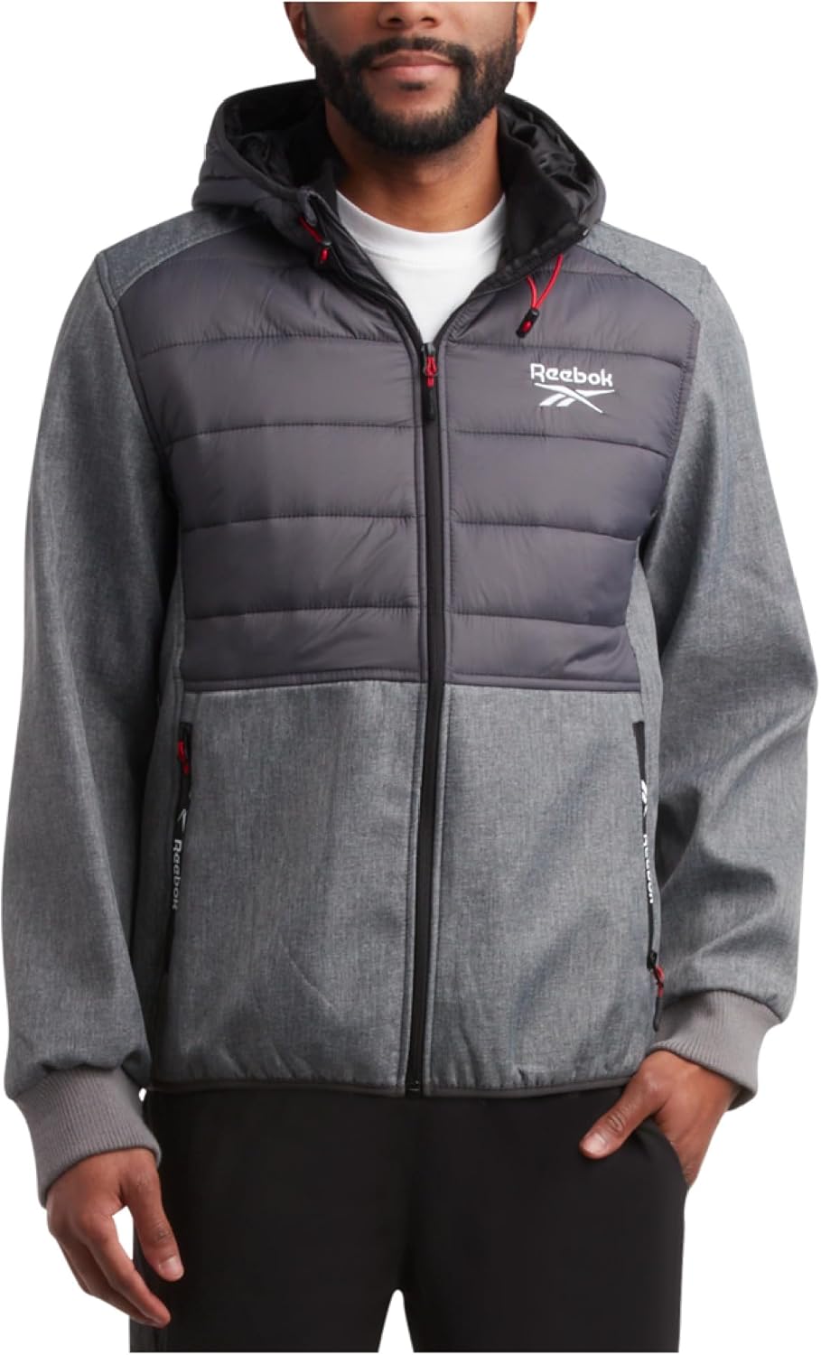 Reebok Men's Softshell Jacket - Lightweight Hooded Weather Resistant Jacket for Men with Nylon Quilted Chest (S-XXL)