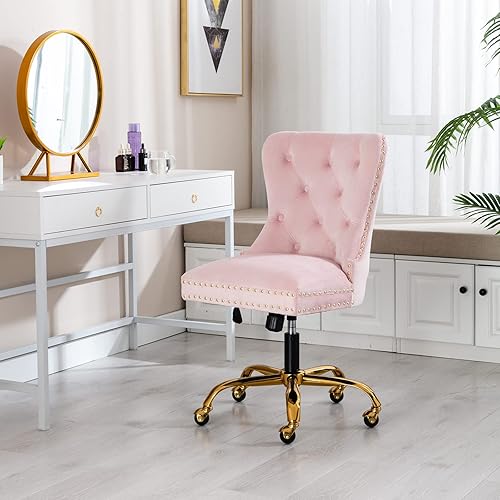 Miniatura 2 de QUINJAY - Silla de escritorio de terciopelo para oficina en casa, silla de escritorio giratoria ajustable tapizada con base dorada, silla de