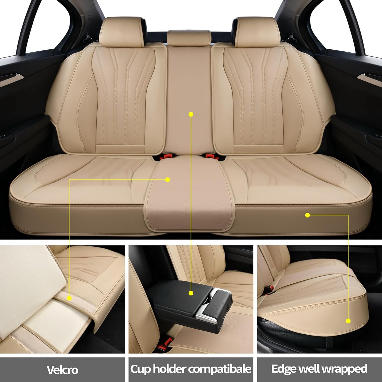 Leather Car Seat Covers Full Set Waterproof Car Seat Covers Full Seats Automotive Seat Covers Car Seat Protector Universal Fit Most Cars (Beige)