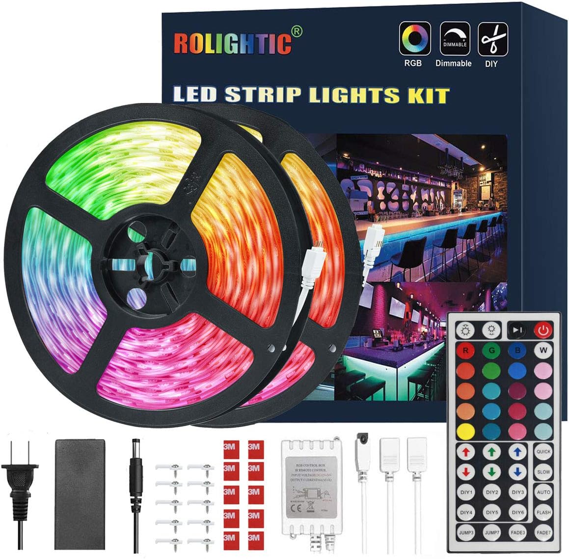 ROLiGHTiC Led Strip Lights, 32.8FT Color Changing Led Lights for Bedroom, 5050 RGB Led Tape Lights with Remote Controller for Home, Party, TV, DIY Decoration