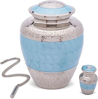 Light Blue Urns for Human Ashes Adult Male & Female - Handcrafted Large & Small Urns for Human Ashes Keepsake Along with A Cremation Necklace for Ashes