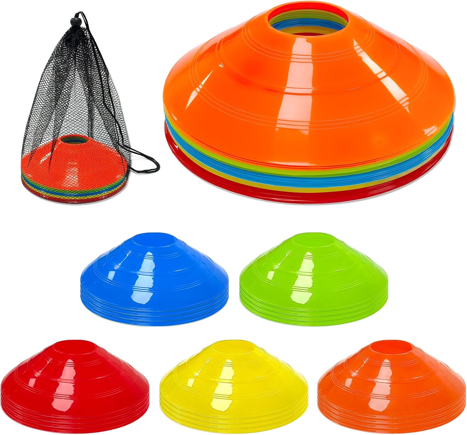 Cônes de marquage d&rsquo;équipement essentiel d&rsquo;entraînement de football, poteaux de sport multicolores avec filet de rangement pour le football, le basket-ball et l&rsquo;agilité