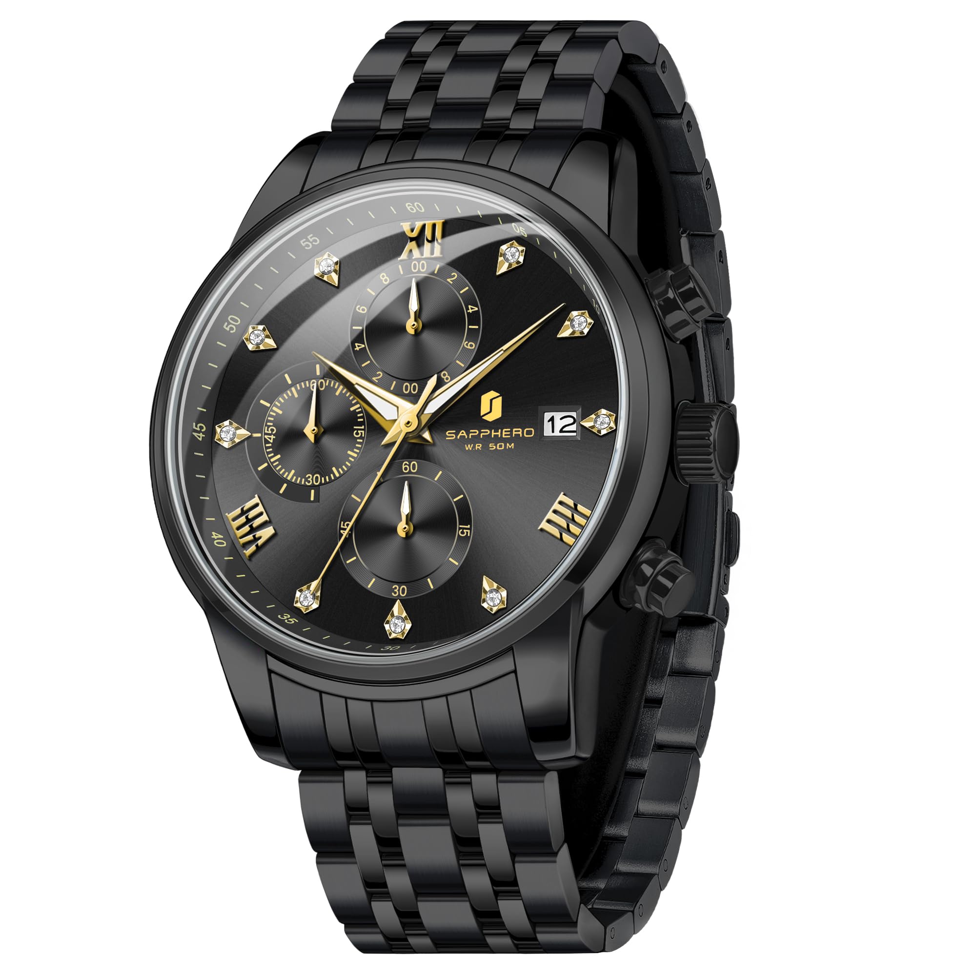 SAPPHERO Watches for Men Easy-to-Read Sliver Stainless Steel Watches Men Luxury Mens Watch Waterproof Chronograph Birthday Christmas Fathers