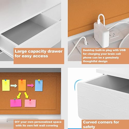 Miniatura 4 de Wooden White Kids Study Desk and Chair Set, Charging Station and 2 Drawers, Children Desk with Hutch and Shelves, Girls Study Desks for Kids