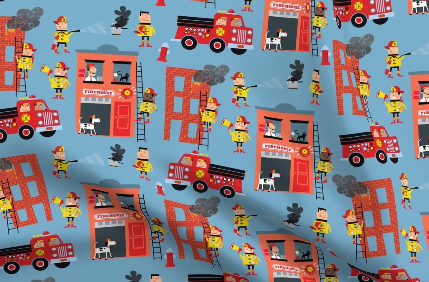 Spoonflower Fabric - Fire House Fireman Boys Red Truck Dogs Classroom Printed on Petal Signature Cotton Fabric by The Yard - Sewing Quilting Apparel Crafts Decor