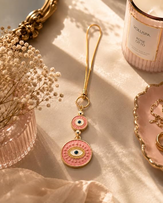 Özel Seri Pembe Nazar Boncuklu Araba Dikiz Aynası Süsü – Luxury Gold Detaylı Premium Araç İçi Aksesuar – Kadınlara Özel Estetik Oto Dekoru