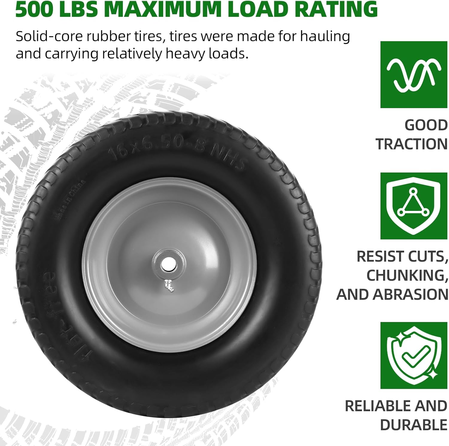 AR-PRO (2-Pack) 16x6.50-8 Flat Free Tire and Wheel, Solid Lawn Mower Tire with 3"-4.3" Centered Hub & 3/4" Bushings, Compatible with Riding Mower Graden Tractor
