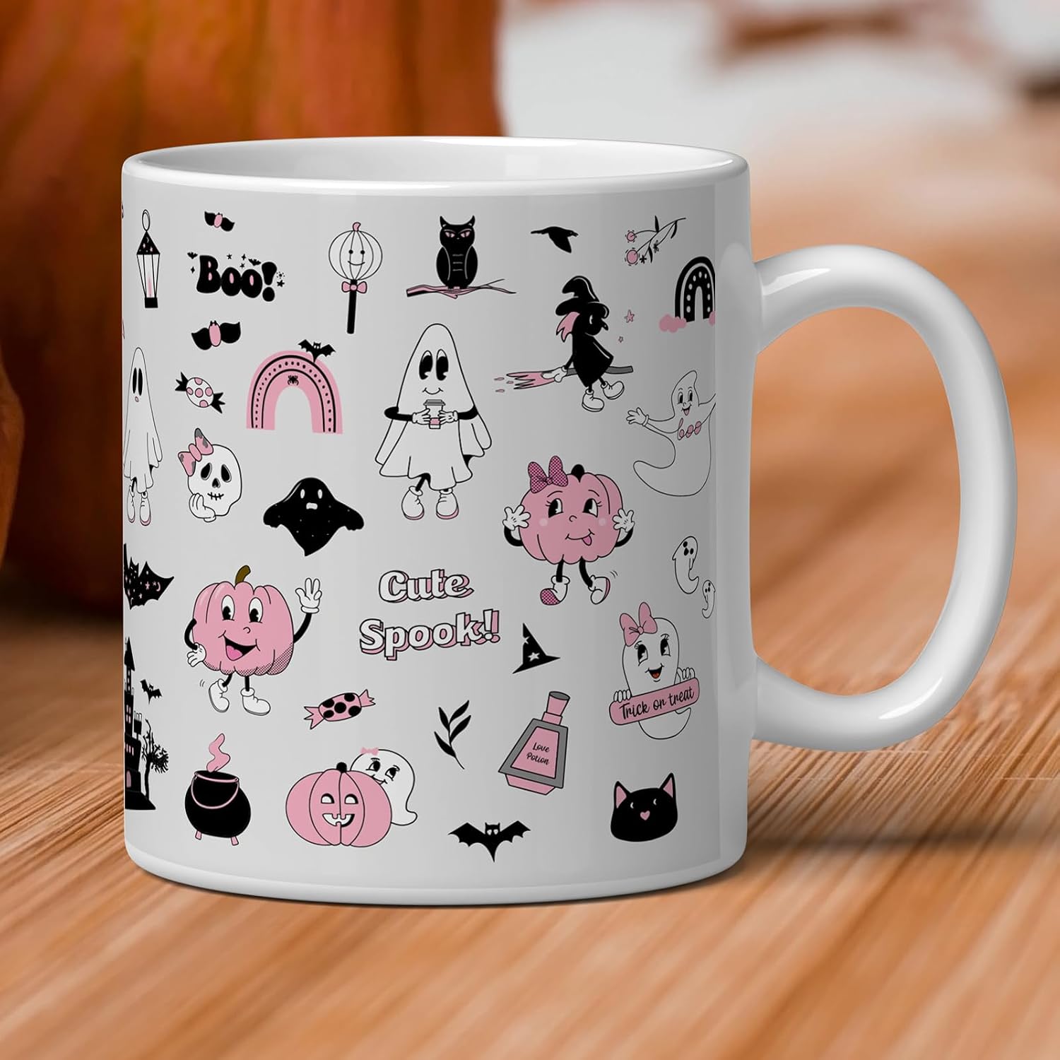 GotPrint Spooky Coffee Mug, Trick or Treat, Pumpkin Halloween Coffee Cups, Skull Ceramic Cup, Halloween Spooky Gift for Coffee & Tea Lovers, Halloween Mugs, Pink, 11oz