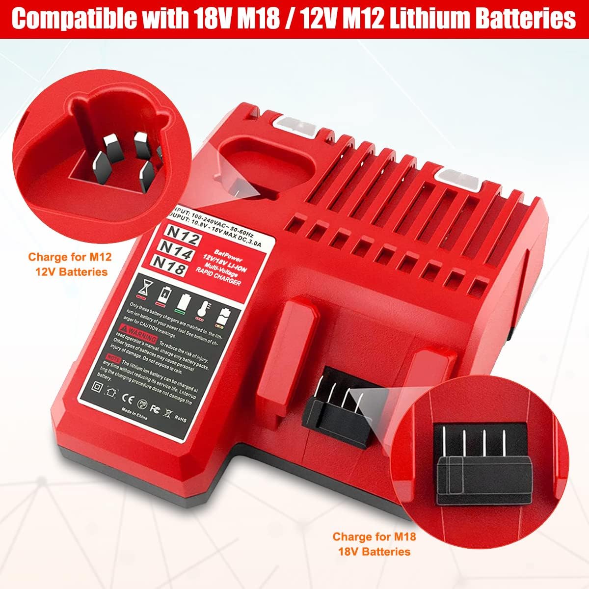BatPower 3A Multi Voltage Rapid Charger 48-59-1808 for Milwaukee - Fast Charges 18V M18/12V M12 Batteries, 1.2-Hour Full Charge for 2.0Ah M18 Battery