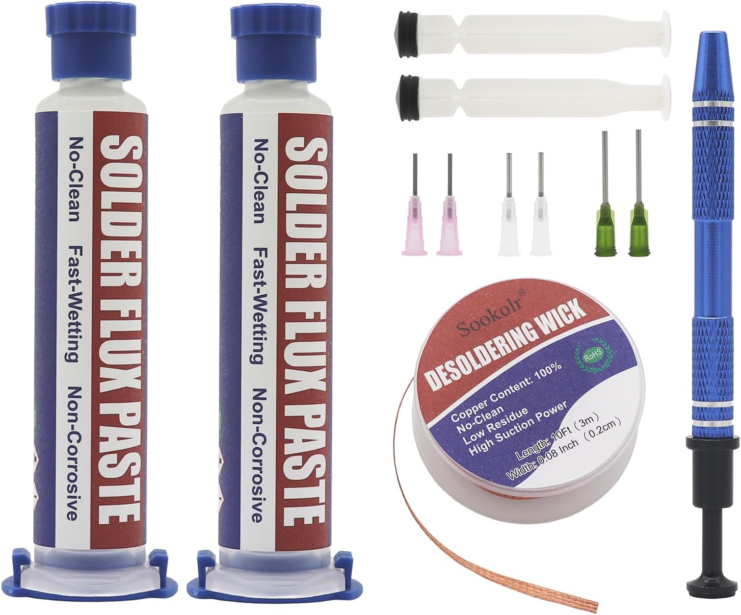 No-Clean Flux Paste, Solder Wick & Electronic Small Parts Pickup Kit, Soldering Flux 10cc/Bottle (2PACK), 10Ft Desoldering Wick, IC Pickup Tool (1 stick)